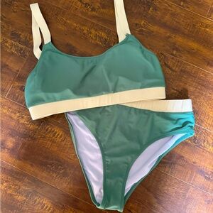 green and white banded bikini